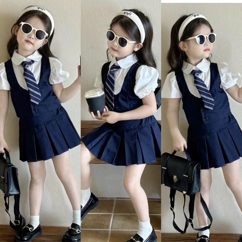 K68- Set bộ váy áo sơ mi học sinh, kèm chân váy xoè xếp ly hàn quốc, tặng kèm cà vạt dành cho bé gái (9-32kg)