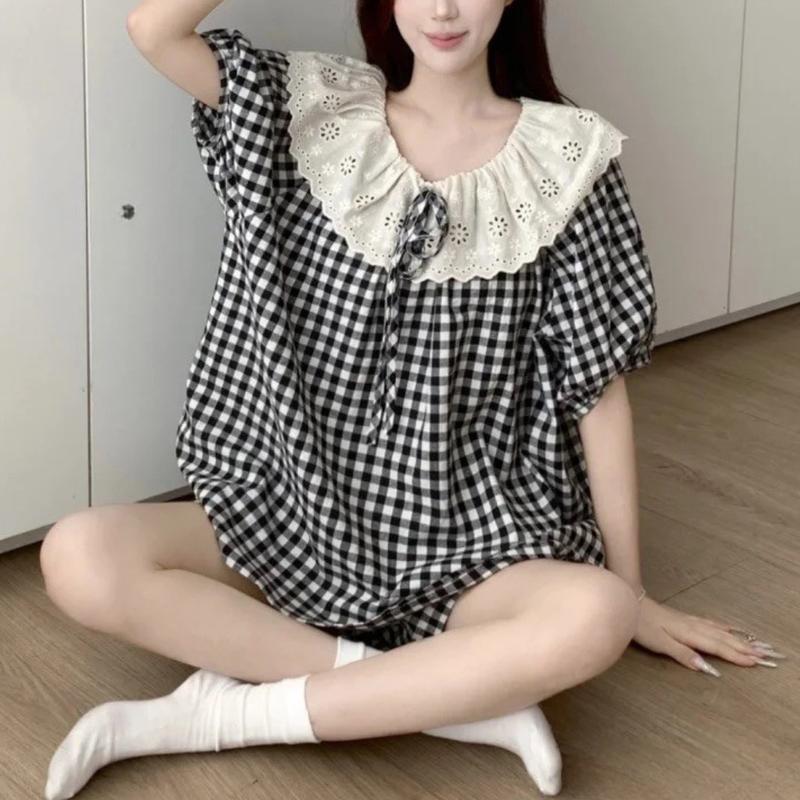 Bộ Đồ Ngủ Đùi Nữ Kẻ Caro Thắt Nơ Xinh Xắn Áo Tay Ngắn Quần Short Big Size Hàng Cao Cấp – PINK