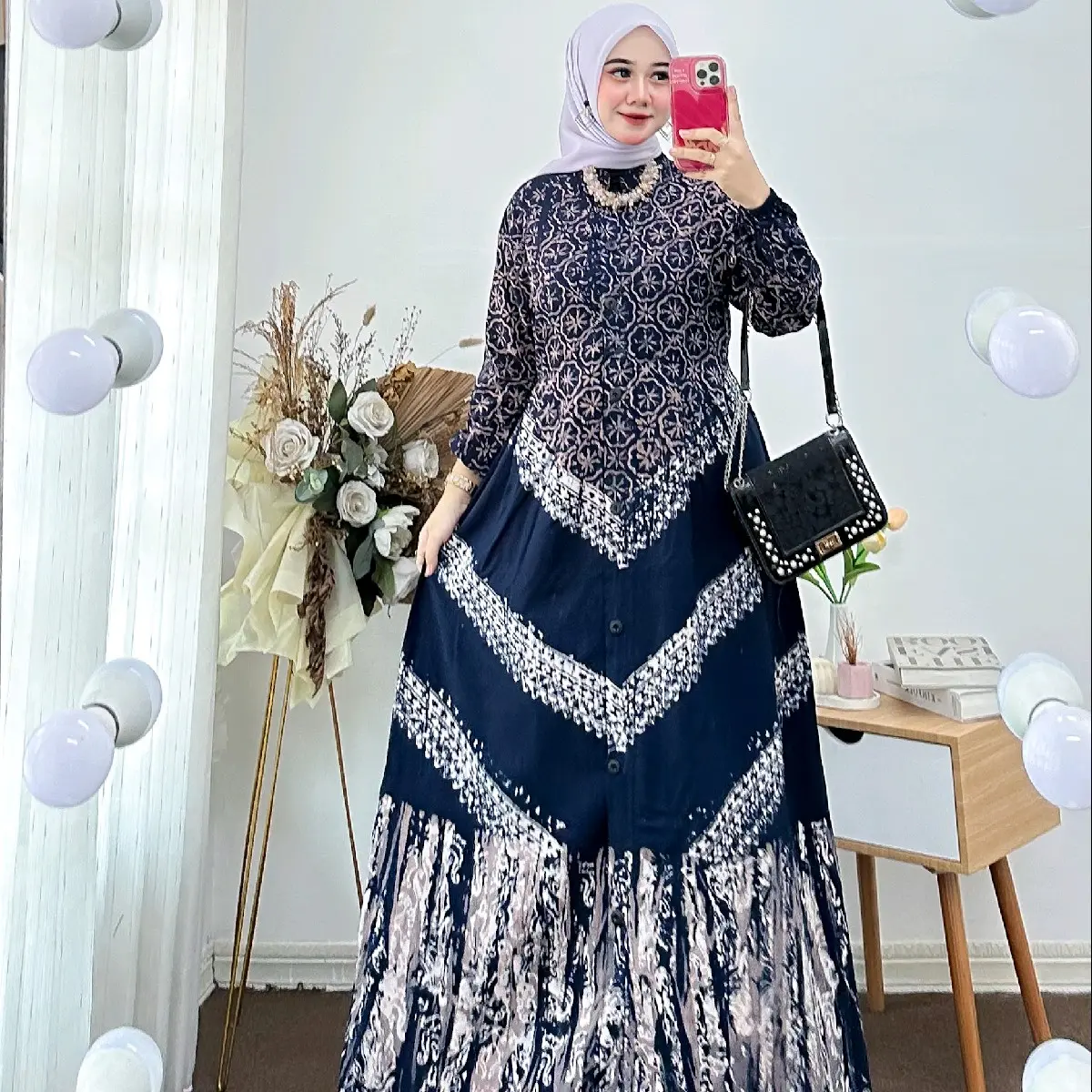 gamis batik cap malaman rayon twill tebal gamis batik pekalongan Baju Muslim Panjang Kancing Cantik