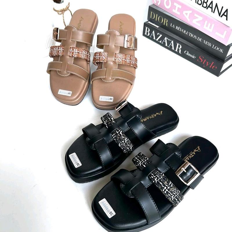 AZKAIRA - AUREL Bahan Rajut Sandal Remaja Kekinian  Lembut Dan empuk high quality  Sendal Cewek Flat Wanita Hitam 1