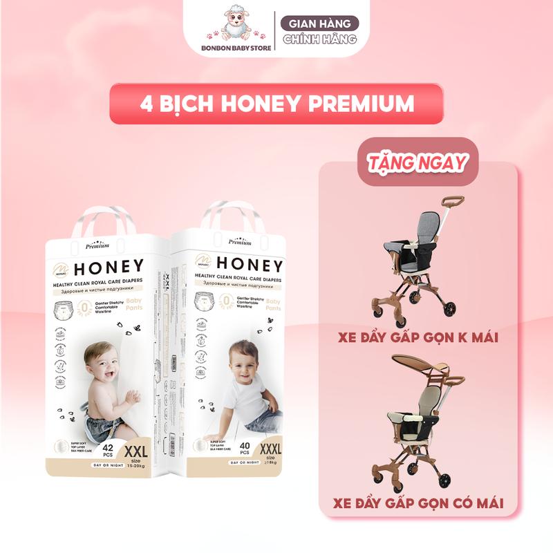4 BỊCH KÈM QUÀ Bỉm Tã Dán Quần HONEY PREMIUM Chính Hãng Siêu Mềm Mịn Size NB - XXXXL Chống Tràn Thấm Hút Tốt