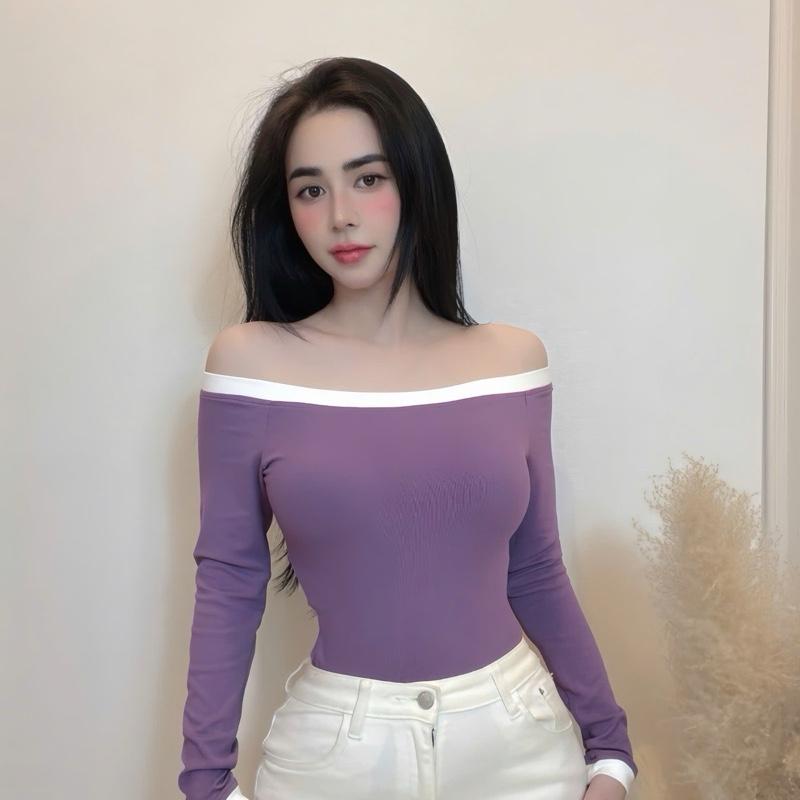 Áo Thun Nữ Trễ Vai Phối Viền Trắng Tay Dài LP67