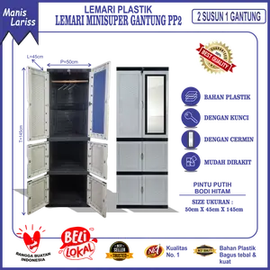 ( LEMARI DENGAN GANTUNGAN ) Lemari Baju Plastik / Lemari Pakaian Plastik / Lemari Plastik Pakaian 2 Pintu Panjang Dengan Kunci Dan Kaca Atau Cermin Dan Motif Timbul