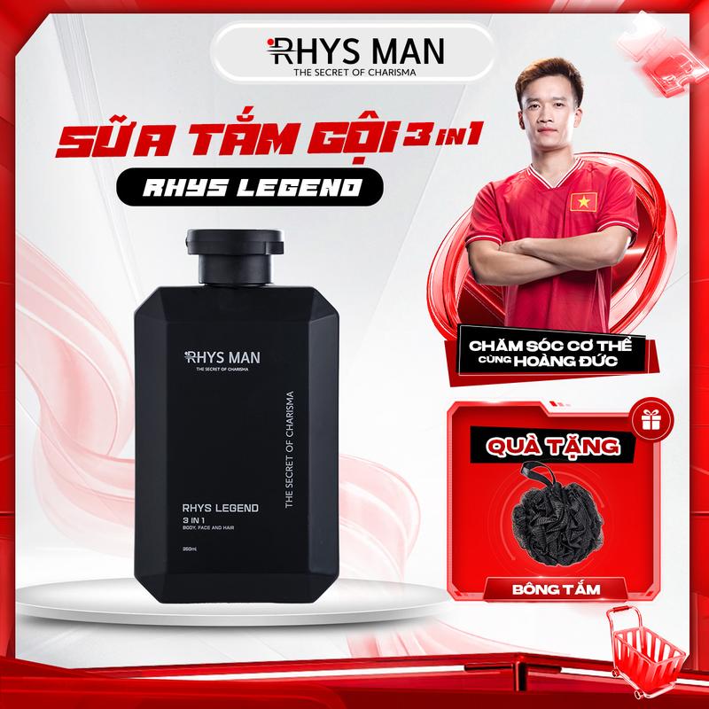 Sữa tắm gội nam RHYS MAN 3in1 Rhys Legend | Tặng kèm Bông tắm than tre