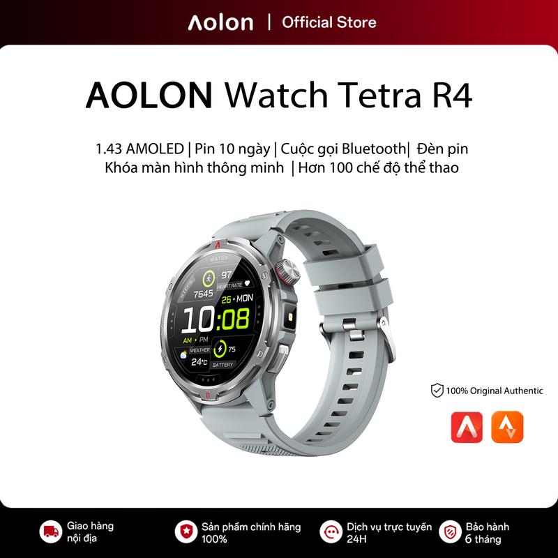 【Amoled】Aolon Tetra R4  Đồng hồ thông minh Smartwatch Thời lượng pin lên đến 10 ngày, chống sốc, AGPS, hỗ trợ màn hình luôn bật (AOD), tích hợp đèn pin và la bàn, đồng hồ thể thao ngoài trời.