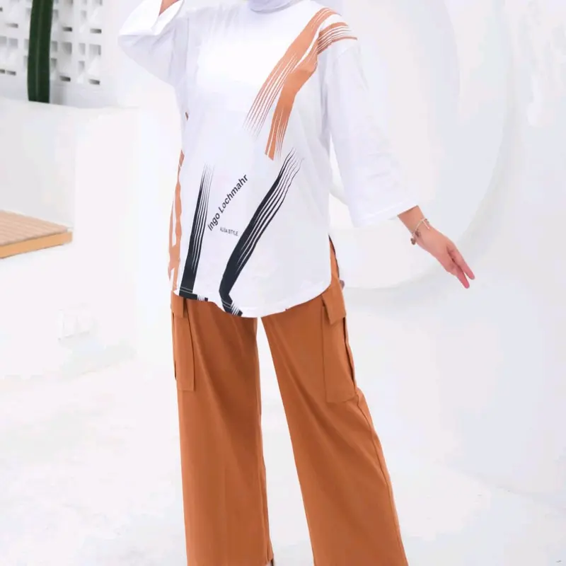 baju cewek oversize lengan panjang one set celana cargo bahan cm20s casual remaja Combed Karet Sablon 1