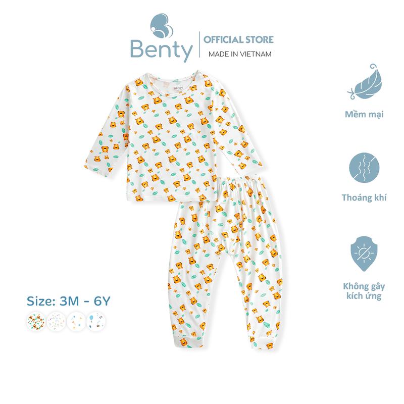 Bộ dài tay cài vai full hoạ tiết Benty dễ thương cao cấp, quần áo cho bé trai bé gái chính hãng