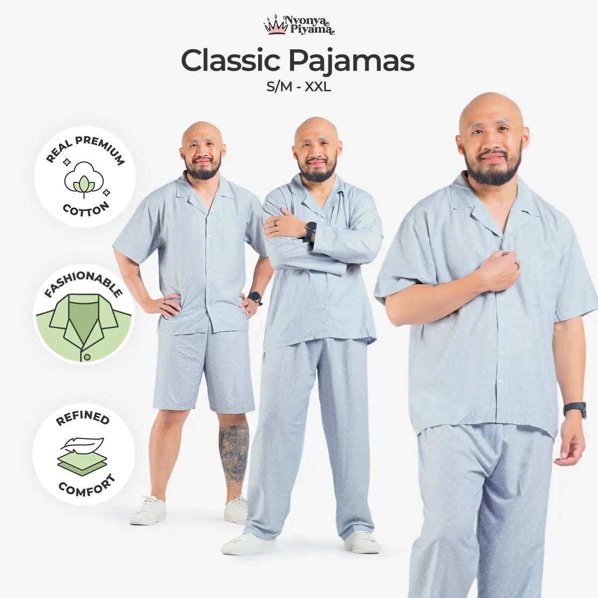 Nyonya Piyama Classic Pajamas Katun Pria Set - Justine