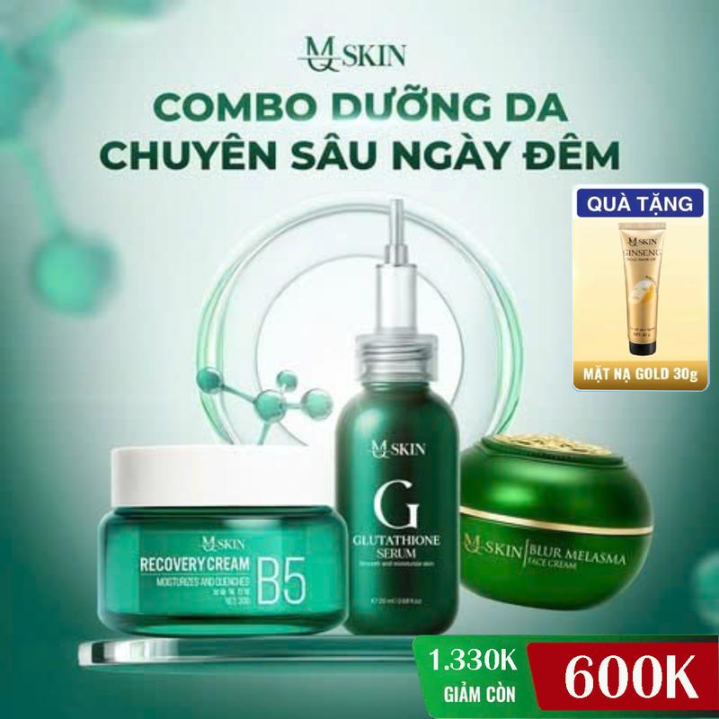  COMBO DƯỠNG DA CHUYÊN SÂU NGÀY ĐÊM 3 MÓN   Serum Glutathione 20ml + Kem Dưỡng B5 + Kem Face Siêu Trắng   Tặng Kèm 1 Tuýp Nạ Gold 30g.  MQSKIN   - Hỗ Trợ Căng Bóng Trắng Sáng Cấp Ẩm Phục Hồi Ngày Đêm. 
