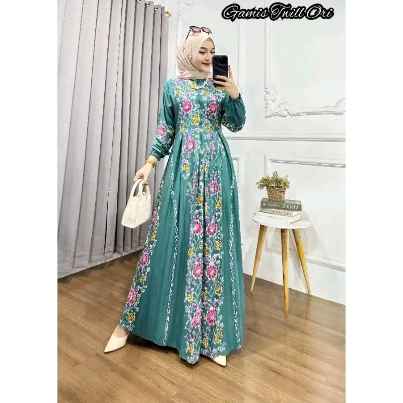 Gamis Twill Original Motif Colet Terbaru Dress Wanita Muslim