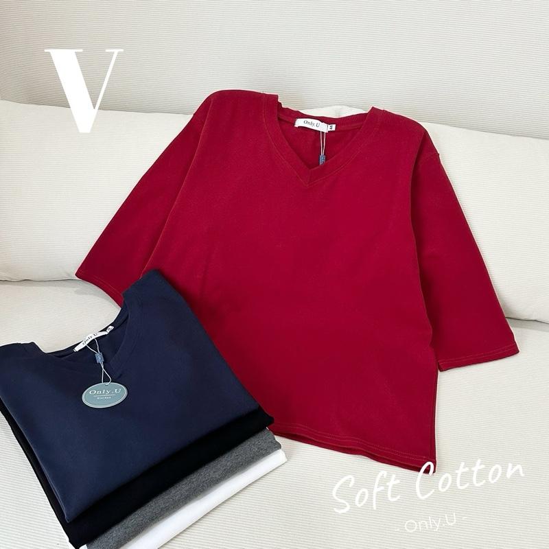 BB91  เสื้อยืดคอวี แขน3ส่วน แขนศอก ทรงสวย ผ้าคอตตอนvip งานป้าย Only.U