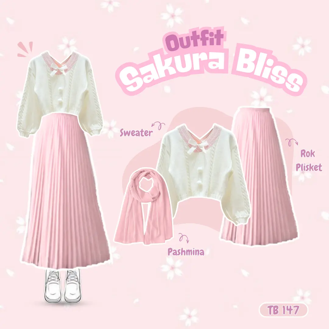 One Set 3 In 1 Wanita Cute Look Perpaduan Sweater Sakura Rok Plisket dan Pashmina Ceruty Baby Doll Cocok buat Daily Outfit TB 147