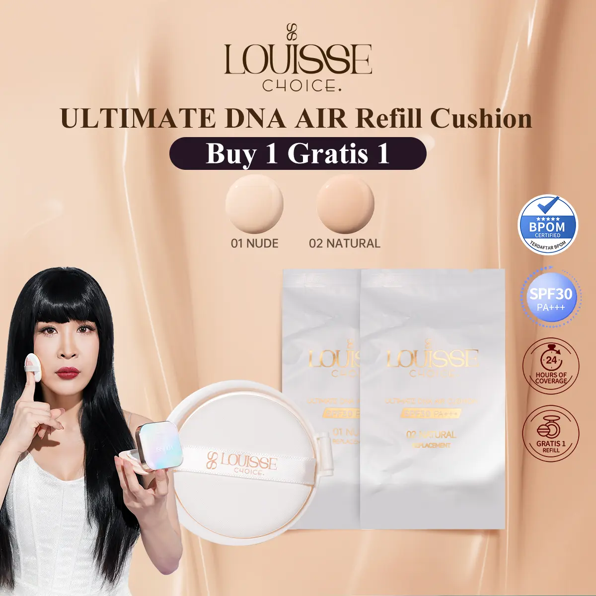 [REFILL CUSHION GET 2][LIVE]LOUISSE CHOICE ULTIMATE DNA AIR CUSHION SPF30 PA+k++ Waterproof 24 Hours of Coverage DNA Salmon NIACINAMIDE