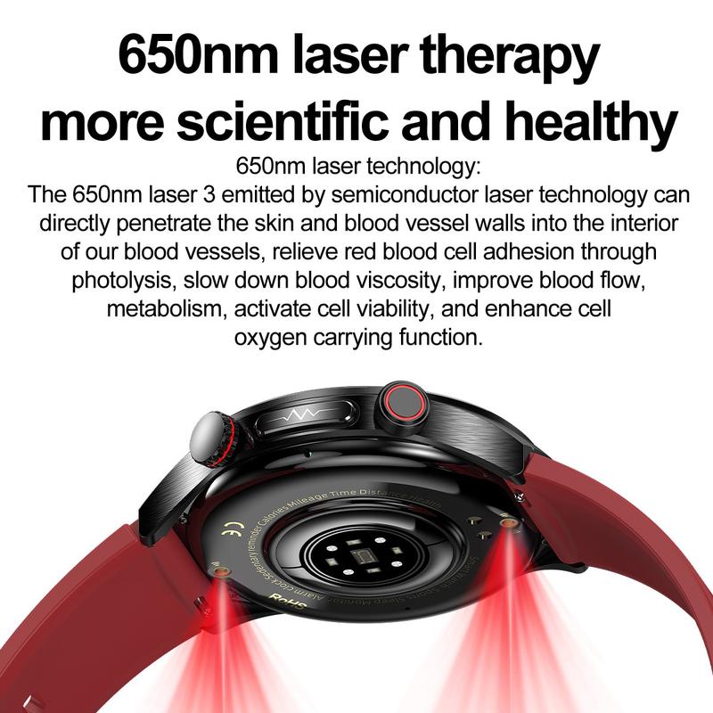Đồng hồ thông minh, Chiếu Laser Vật lý trị liệu, Ba mức độ thông minh, Gọi ECG, Theo dõi nhịp tim tập thể dục, Theo dõi nhịp tim, oxy trong máu và nhiệt độ, Theo dõi đường huyết, axit uric và lipid trong máu, Vòng đeo tay 3