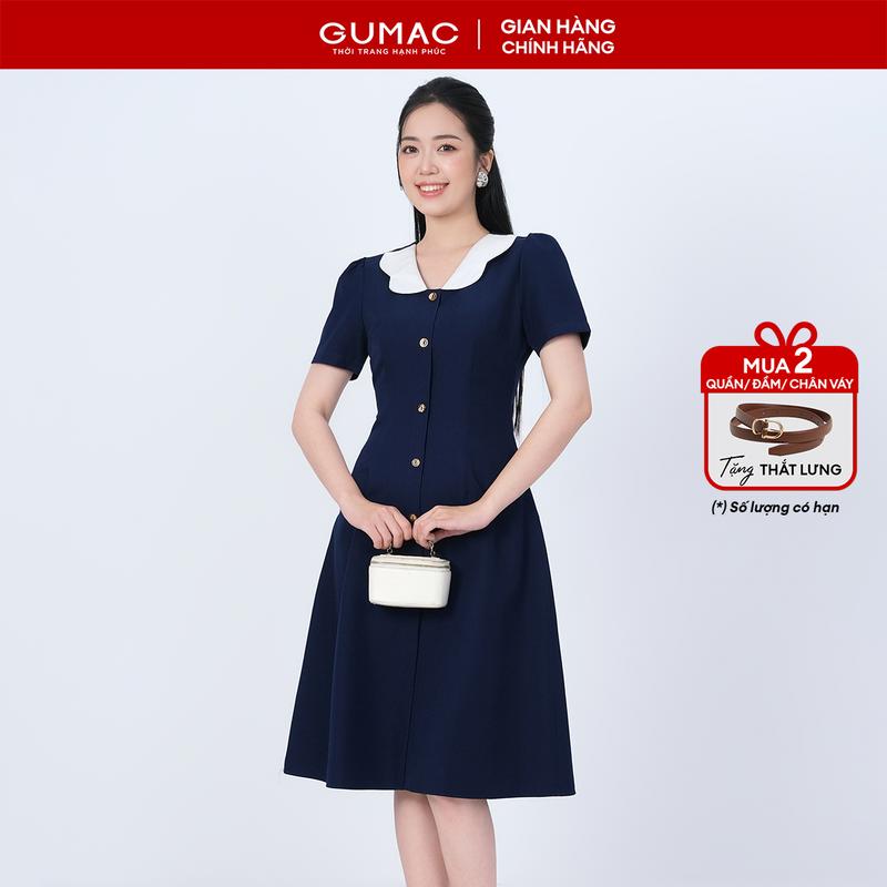   MUA 2 TẶNG THẮT LƯNG  Đầm nữ dáng A xòe phối bâu trắng đính nút xanh đen tôn dáng sáng da thời trang GUMAC LDD1214 