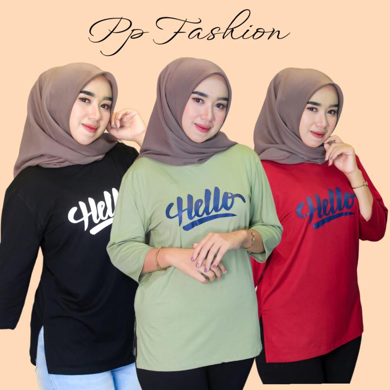 Kaos Oversize Slit Kaos High Slit Katun Spandek Rayon With Sablon Hello  Kerah Bulat Nyaman Panjang Oblong Tangan 7/8 1