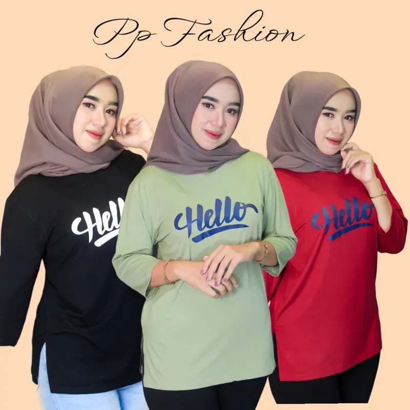 Kaos Oversize Slit Kaos High Slit Katun Spandek Rayon With Sablon Hello  Kerah Bulat Nyaman Panjang Oblong Tangan 7/8 1