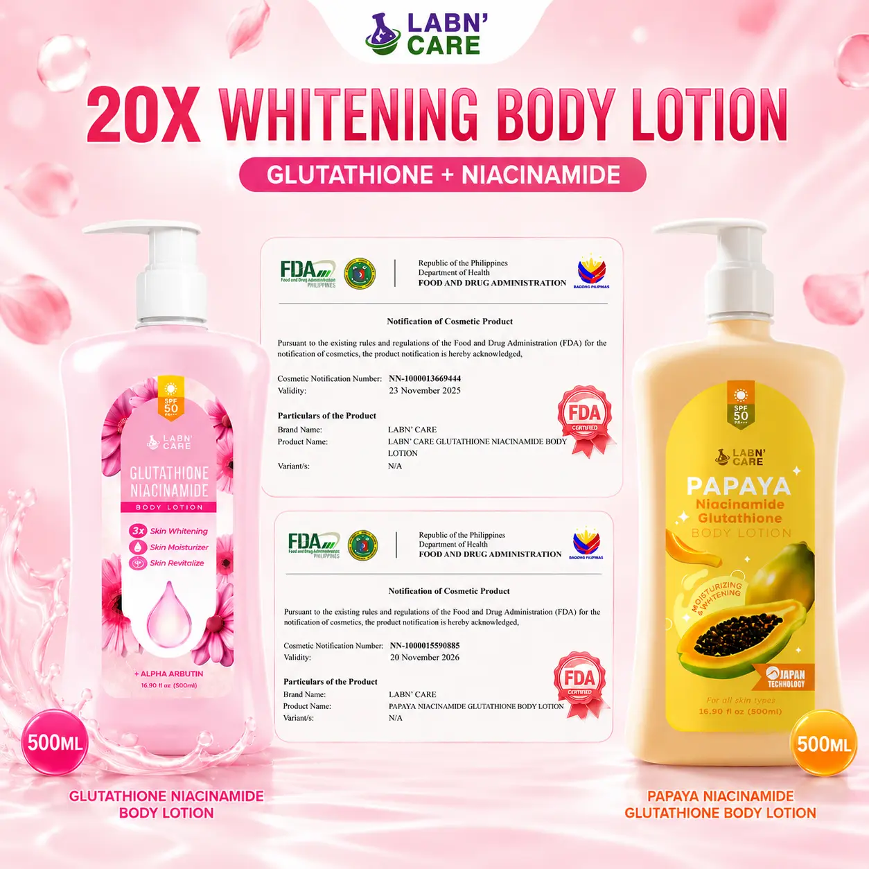 FDA ApprovedLabn' Care Glutathione Niacinamide Body Whitening Lotion 500ML With SPF 50 PA++, 3X Skin Whitening, Skin Moisturizer and Skin Revitalize, Bare Vanilla Scent, Mabango at Long Lasting Scent - TikTok Shop FDA ApprovedLabn' Care Glutathione Niacinamide Body Whitening Lotion 500ML With SPF 50 PA++, 3X Skin Whitening, Skin Moisturizer and Skin Revitalize, Bare Vanilla Scent, Mabango at Long Lasting Scent - TikTok Shop