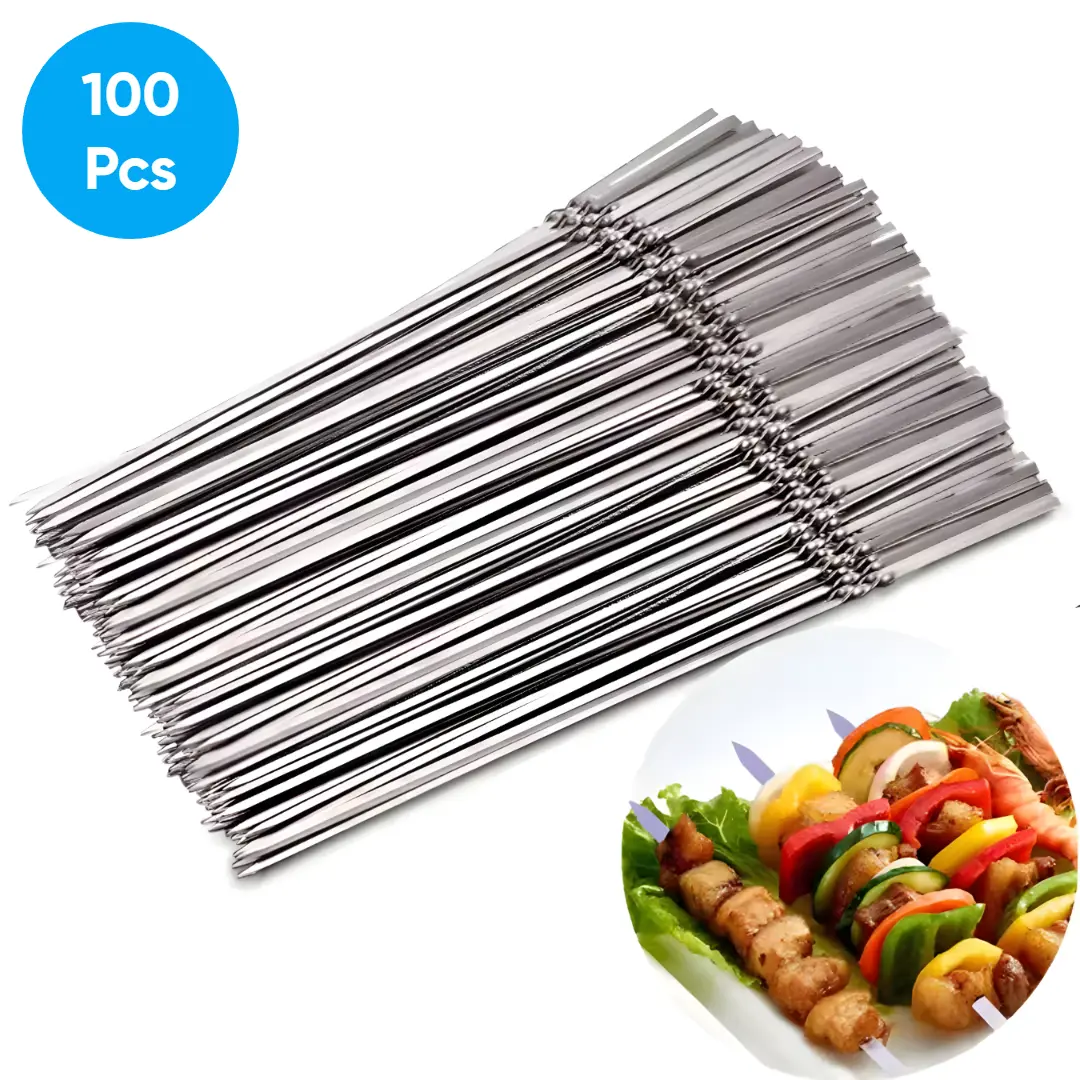 100Pcs Tusuk Sate BBQ Stainless Steel Ujung Lancip Panjang 32.5cm Reusable untuk Barbeque Kebab dan Acara Besar