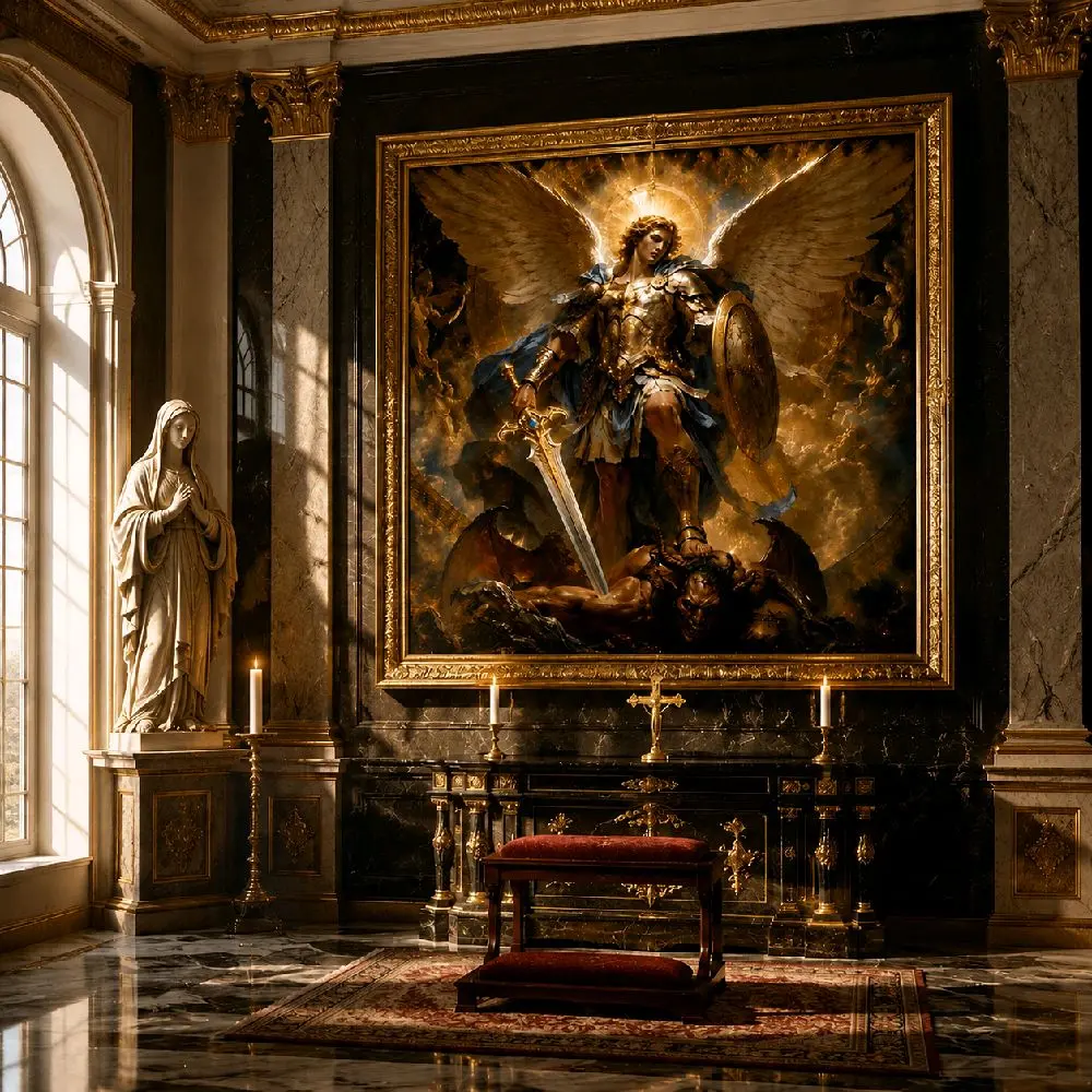 Archangel Michael Defeating the Demon  Epic Celestial Warrior  Fantasy Art  Divine  Battle Digital  Masterpiece Karya Seni Dinding Untuk Dekorasi Ruang Doa Rumah