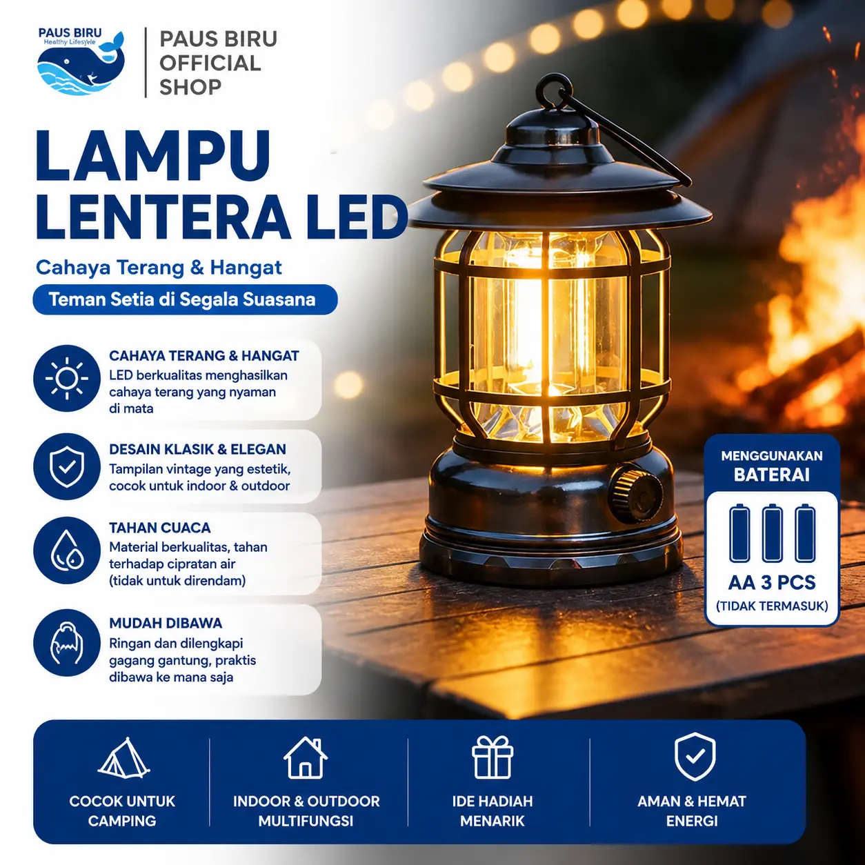 Paus Biru - Lampu Lentera Camping Outdoor Retro LED Berkemah Emergency Baterai Tahan Lama Anti Air