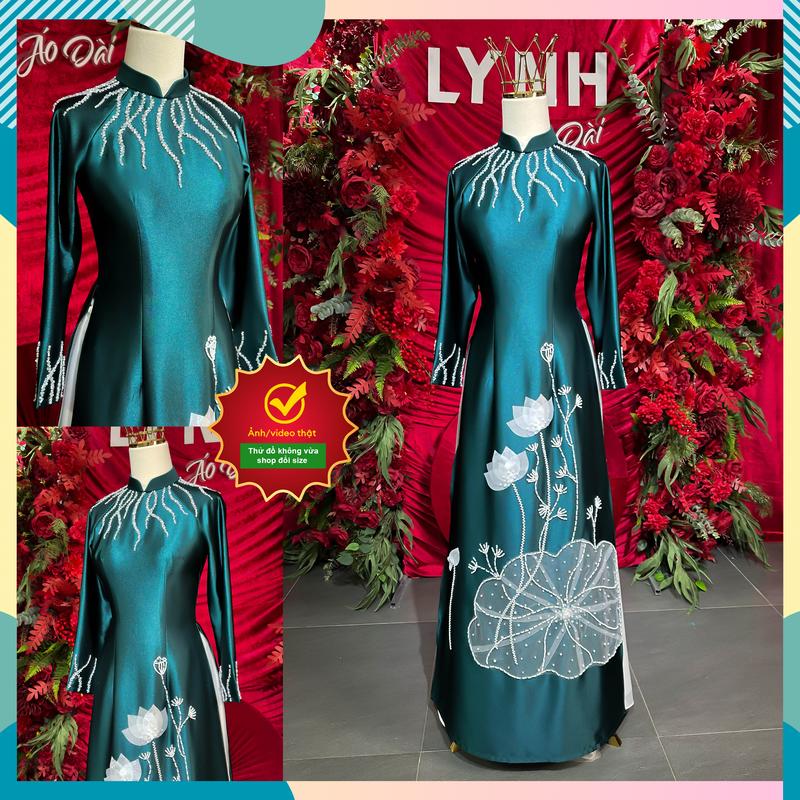  Áo dài Mẹ sui Gia Xanh Rêu Kết phale Cổ Thanh Đính hoa nổi - Sang Trọng - Áo Dài Lynh 