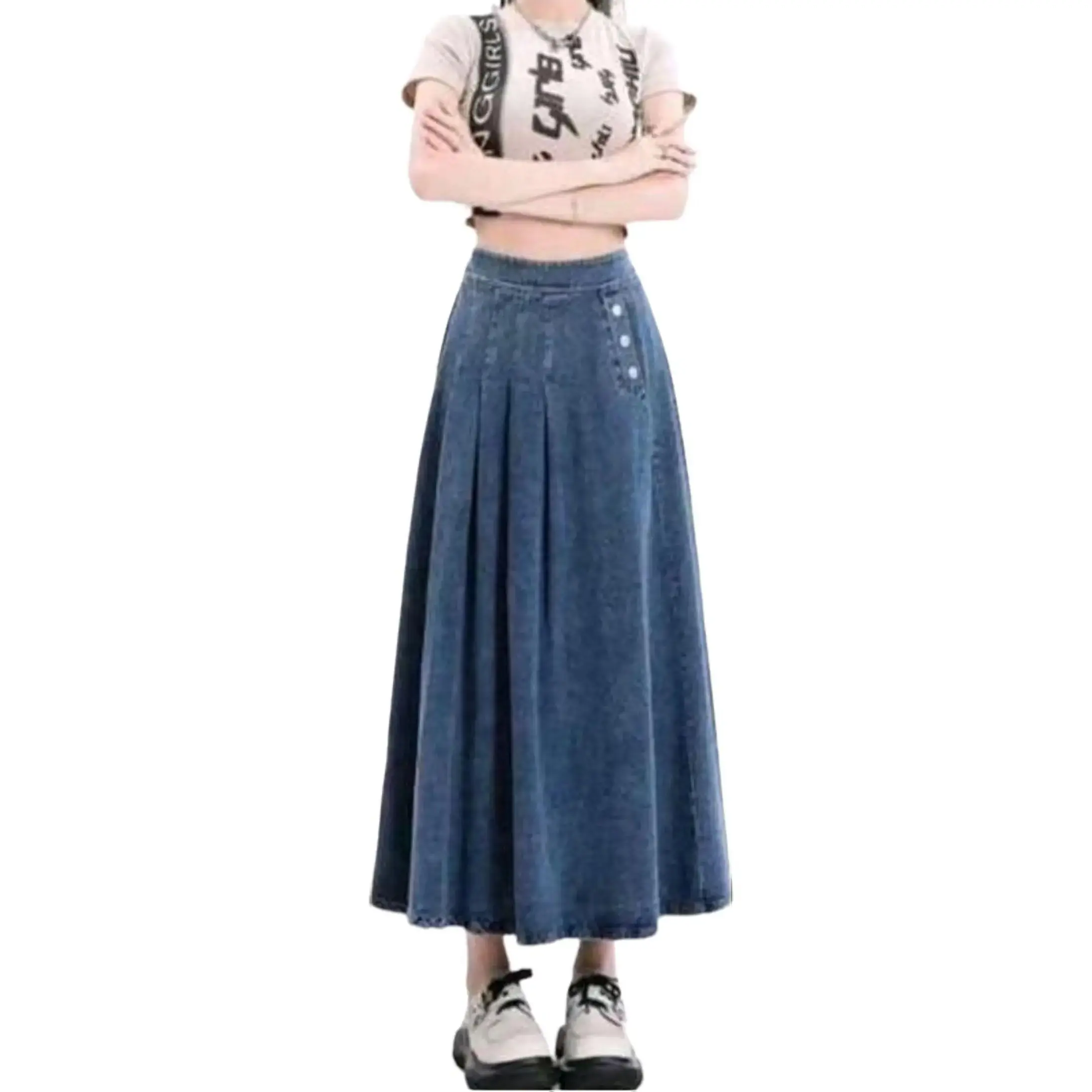 Blue Treads - Inara Long Skirt Rok Jeans Style Wanita Look - Long Button Skirt Panjang Kancing Karet Samping