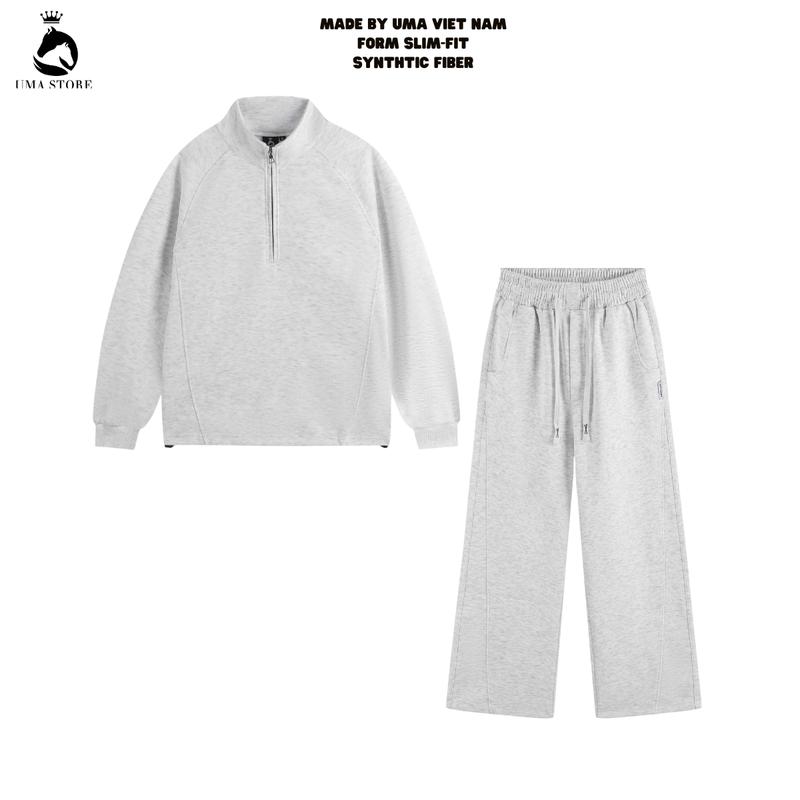 DEAL MỞ BÁN Bộ Nỉ Nam Nữ Half - Zip UMA STORE 2 chi tiết Swearter nỉ hai da form oversize bo chun unisex local brand áobomber