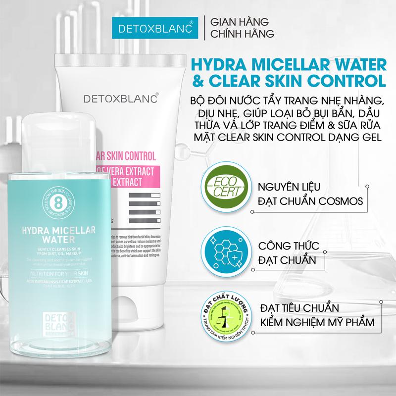   Tẩy Trang & SRM   Bộ đôi làm sạch bụi bẩn  bã nhờn hỗ trợ hiệu quả trong việc trị mụn : Nước tẩy trang + Sữa rửa mặt dịu nhẹ Detox Blanc 