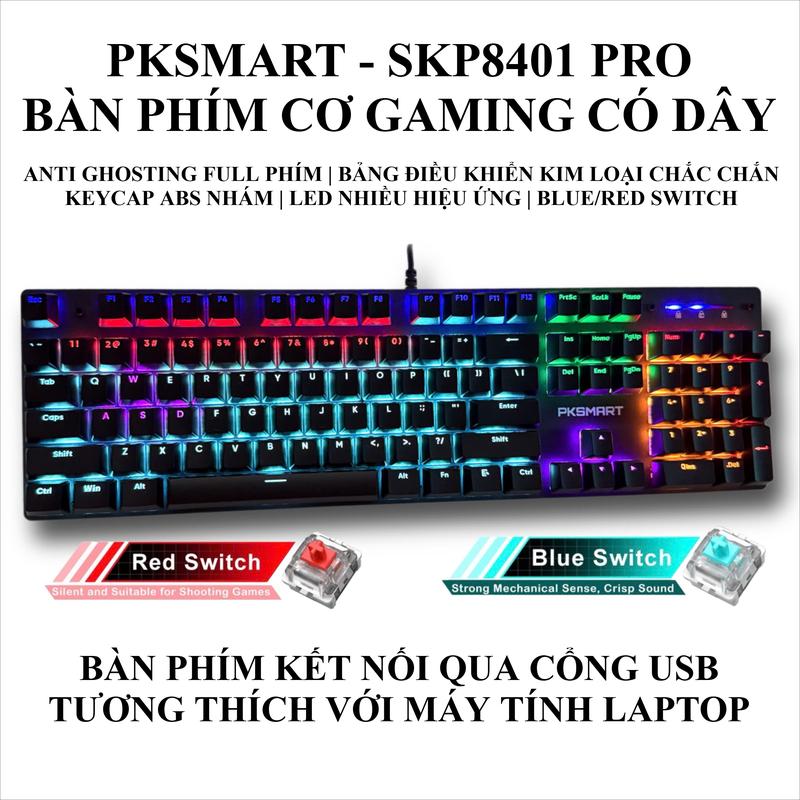 PKSMART x SKP8401 PRO - Bàn Phím Cơ Gaming Có Dây - LED Nhiều Hiệu Ứng - Anti Ghosting Full Phím Chiến All Game - Blue Red Switch - Keycap ABS Nhám