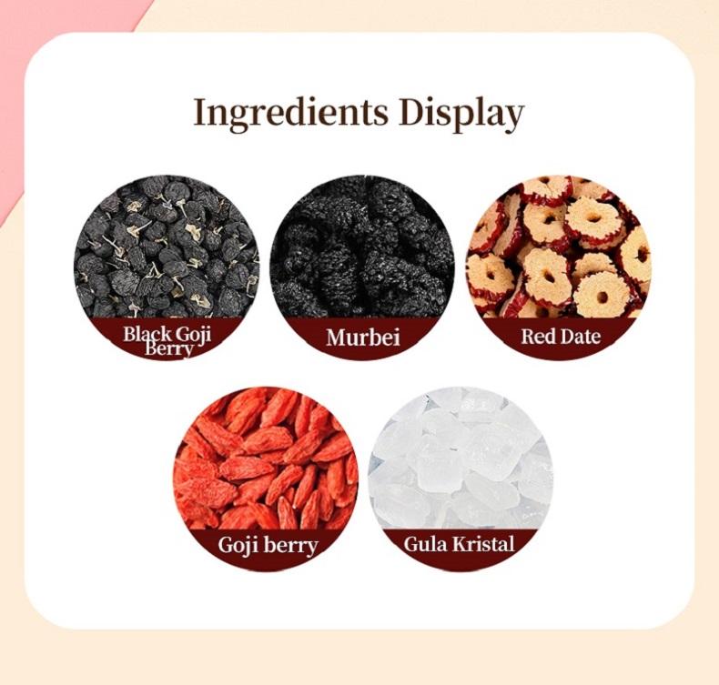 Teh Murbei Goji Hitam & Kurma Merah - Teh Herbal Penambah Tenaga Alami, Bantu Atasi Capek, Lelah & Kurang Stamina Karena Begadang atau Kerja Keras, 100% Bahan Premium, Praktis 1 Paket Langsung Seduh!