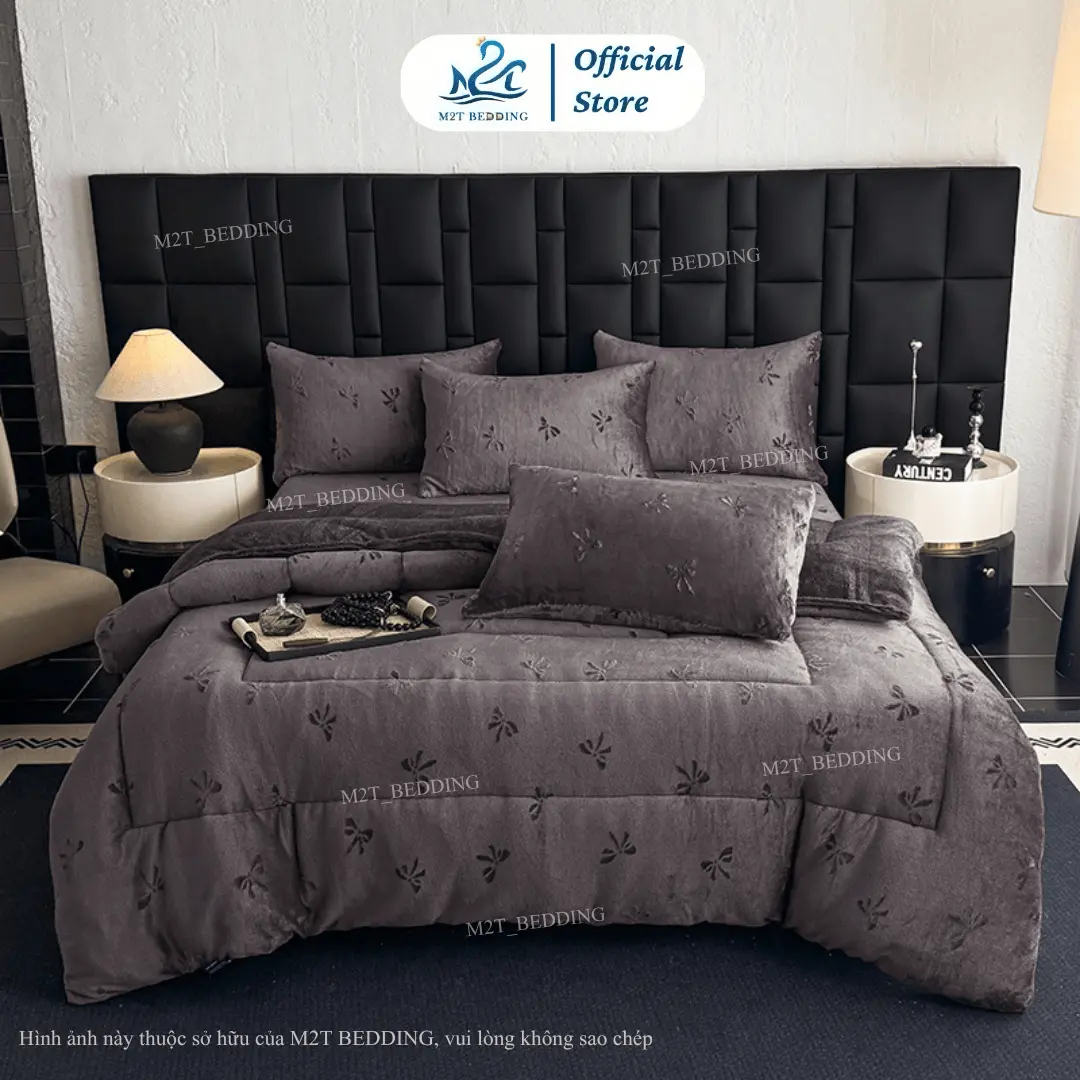 Chăn lông thỏ cao cấp M2T BEDDING dập nổi họa tiết nơ, màu sắc sang trọng quý phái cân nặng 4kg kích thước 2mx2m2