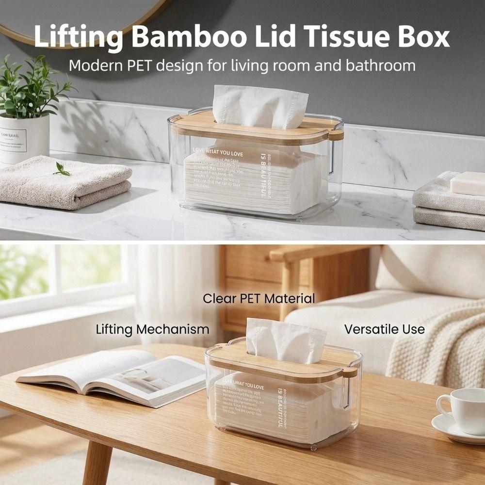GEMMAIA Nordic Minimalist Bamboo Lid Transparent Tissue Box Waterproof Adjustable Desktop Tissue Dispenser Easy-To-Clean Space-saving Facial Tissue Holder Home Living Room GEMMAIA Nordic Minimalist Bamboo Lid Transparent Tissue Box Waterproof Adjustable Desktop Tissue Dispenser Easy-To-Clean Space-saving Facial Tissue Holder Home Living Room