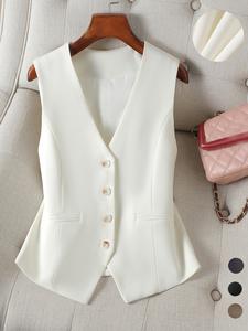 Chaleco de traje sólido para mujer con botones al frente y bolsillo, cuello en V, elegante y sin mangas, ideal para trabajo de oficina y negocios, ropa de primavera y otoño para damas