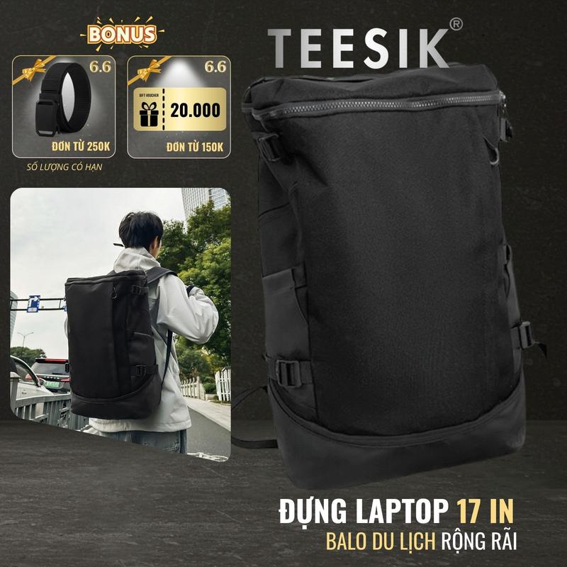 Balo nam balo nữ du lịch TEE SIK đen chống nước, nhiều ngăn đựng laptop 17 inch đi học đi làm BL09 ba lô
