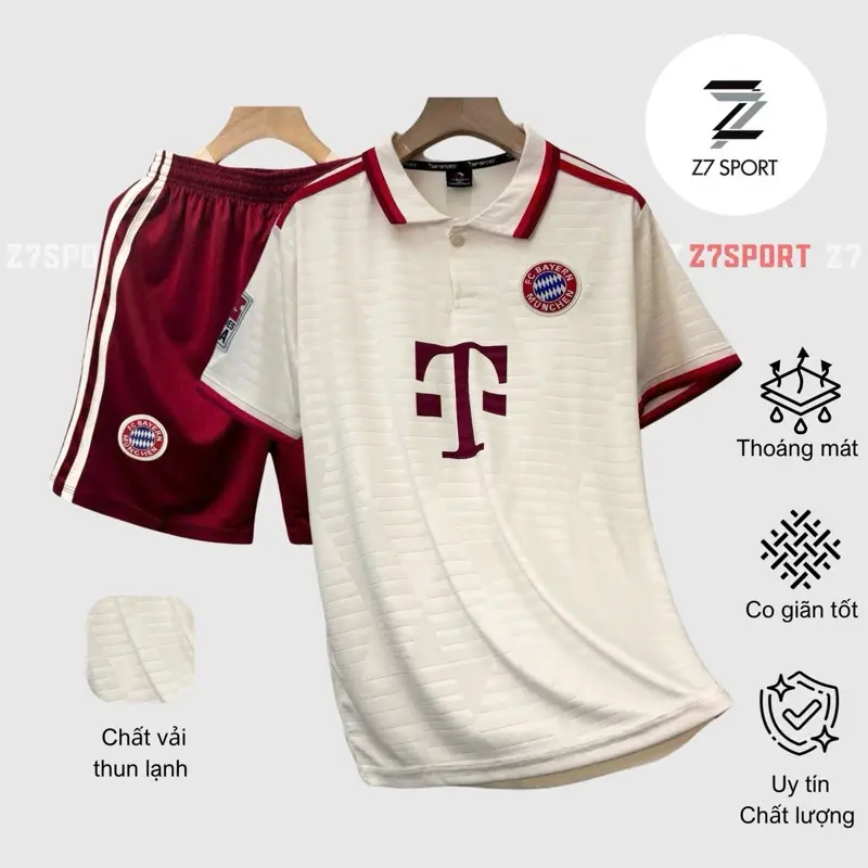 Bộ quần áo bóng đá, đồ đá banh BAYERN KEM logo THÊU vải thun lạnh cao cấp loại I Top Sport