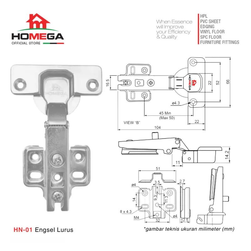 HOMEGA Engsel Sendok HN Non Slow Motion Non Soft Close - 1 Set (2 Pcs) 3