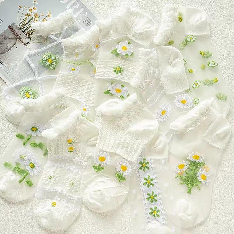 Product Introduction of Tất Lụa Pha Lê Mùa Hè, 5 Đôi, Siêu Mỏng, Trong Suốt, Tất Ngắn Ren Cho Bé Gái, Thời Trang, Hoa Cúc Tươi, Tất Thuyền Vô Hình 2