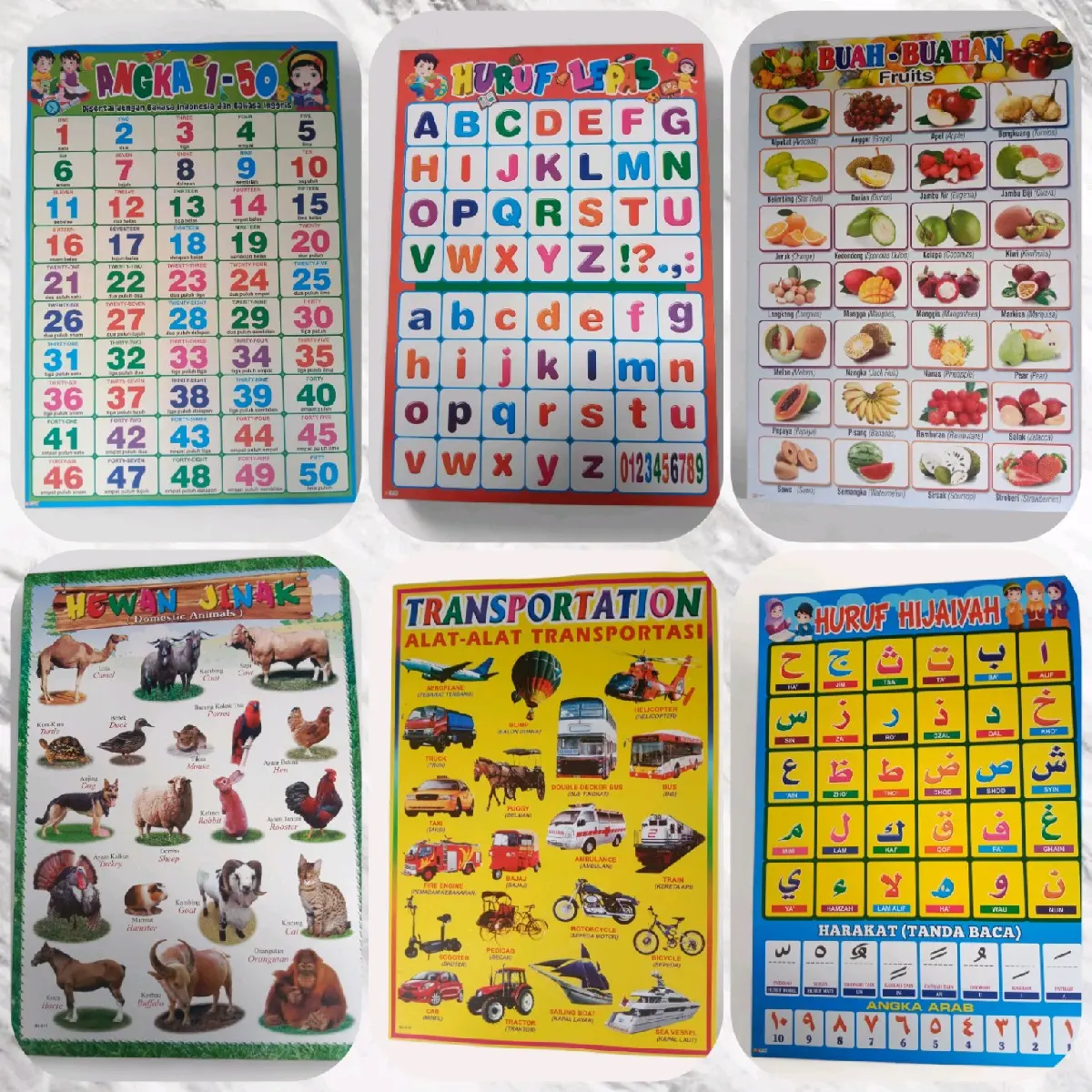 Paket 6 Lembar Poster Edukasi Anak Huruf Lepas, Angka 1-50, Buah-buahan, Hewan, Transportasi, Huruf Hijaiyah.