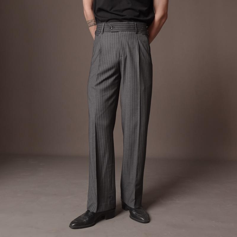  Addikt Quần Ống Rộng Pinstripe Trousers Sidetab - Vải Cotton Blend Dày Đứng Form Nam Màu Xám Kẻ Sọc Phong Cách Classic Menswear 