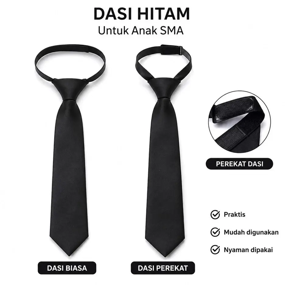 Dasi Hitam Polos INSTAN Wanita dan pria Dewasa Panjang  slim 5cm 2 inch Formal Untuk Kemeja Kerja Kantoran Kuliah wedding