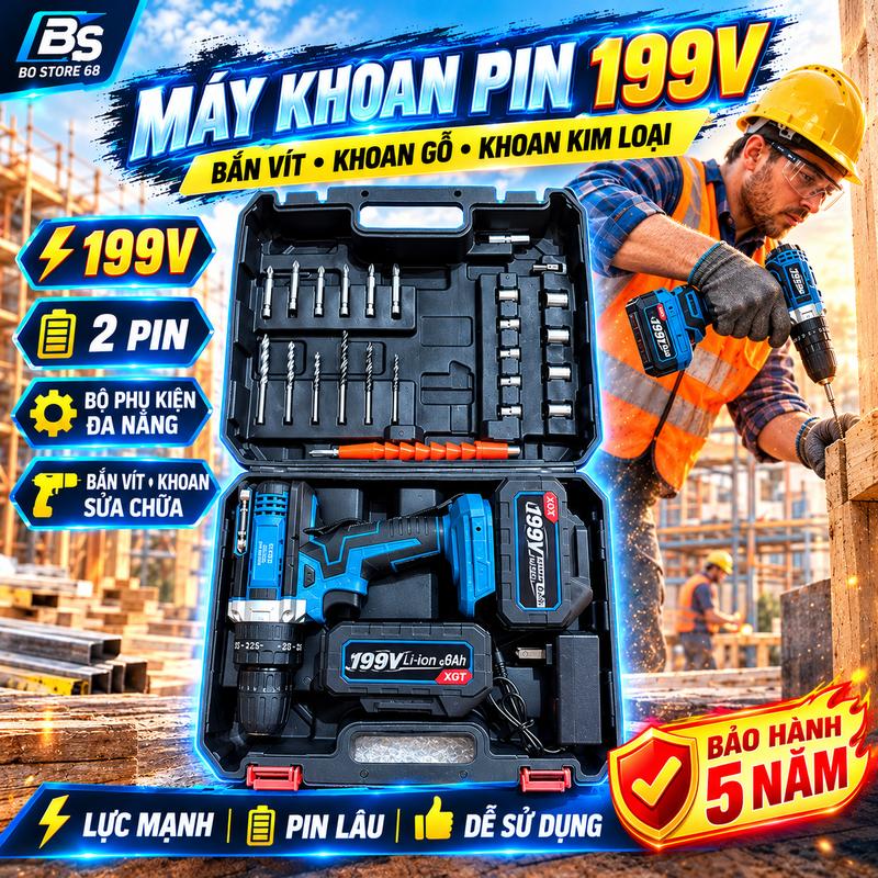 Máy khoan cầm tay 2 pin khoan tường, bắn vít, khoan sắt tặng kèm 24 chi tiết