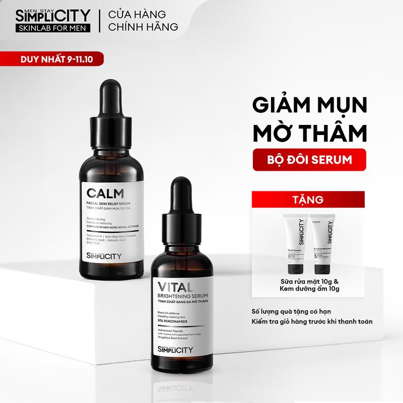 Bộ 2 serum hỗ trợ giảm mụn sáng da cho nam Men Stay Simplicity: Serum Vital 30ml & Serum Calm 30ml