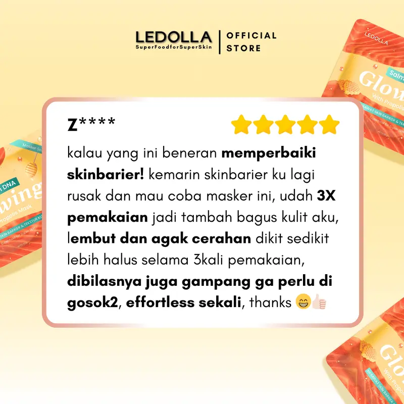 LEDOLLA - 5PCS Masker Salmon DNA Glowing With Propolis Extract | Skin Barier Kulit Bertekstur| Masker Organik Bubuk Mengatasi Chicken Skin |Masker Untuk Pori-Pori dan Mencerahkan| Masker Wajah Glowing |Hyaluronic Acid Skincare Gradakan BPOM | Free Spatula 5