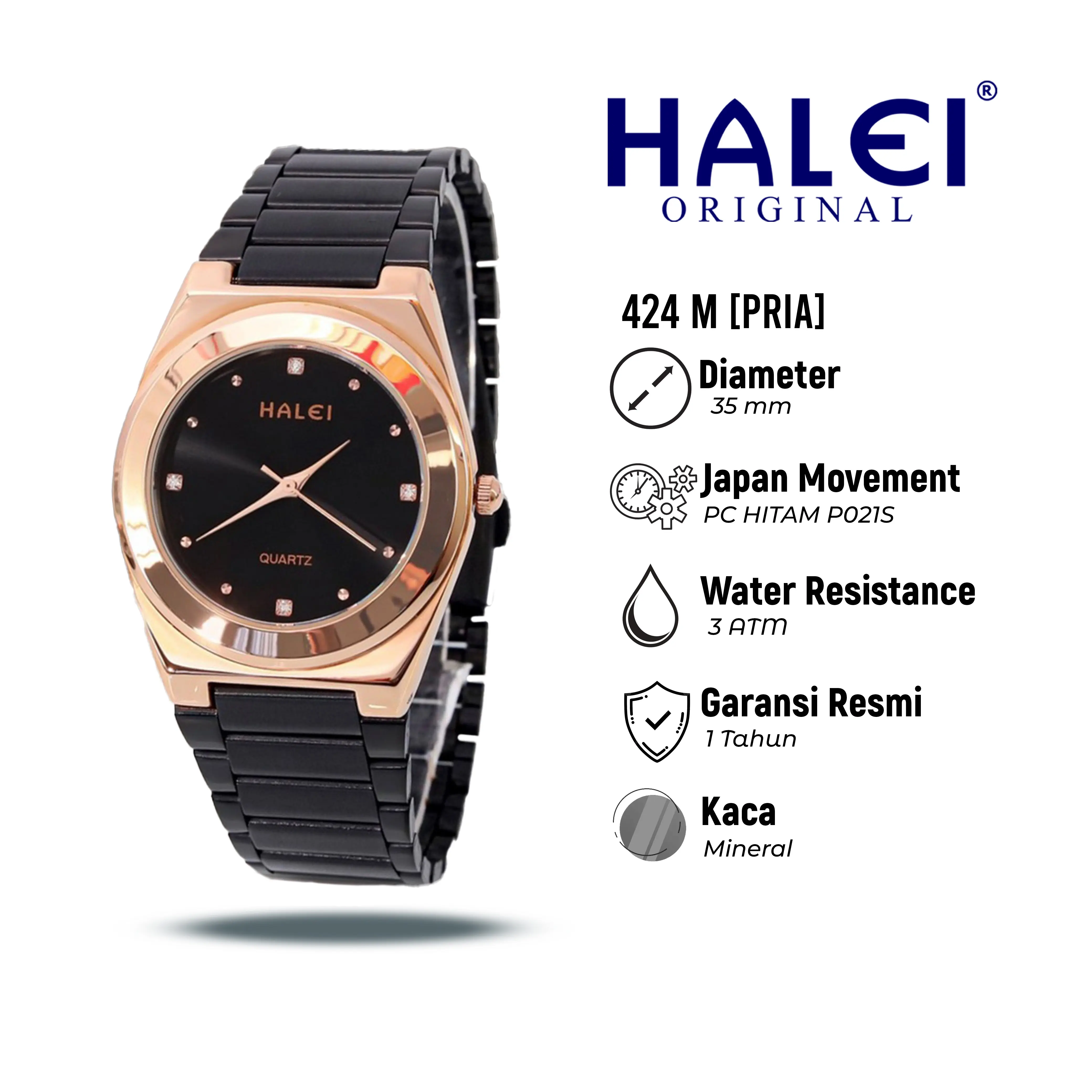 Halei Watch 424 M - Jam Tangan Pria Rantai Stainless Steel - Tahan Air dan Garansi 1 Tahun. Free Box Hitam