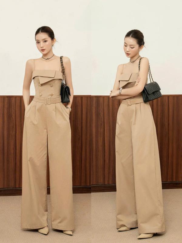 K82 Jum kaki 2 dây kèm đai dáng quần dài - Set bộ nữ sang chảnh