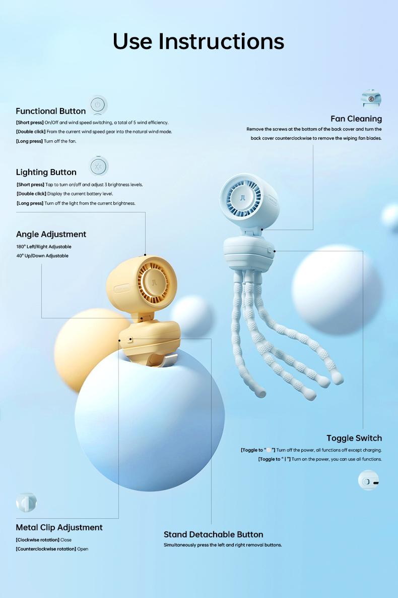 JisuLife Stroller Fan 4 Rechargeable Portable Mute Baby Fan Octopus Clip Table 3 in 1 USB Fans 5 Speeds Strong Wind Bladeless Safety With Light For Car Crib Pet Office Outdoor Camping