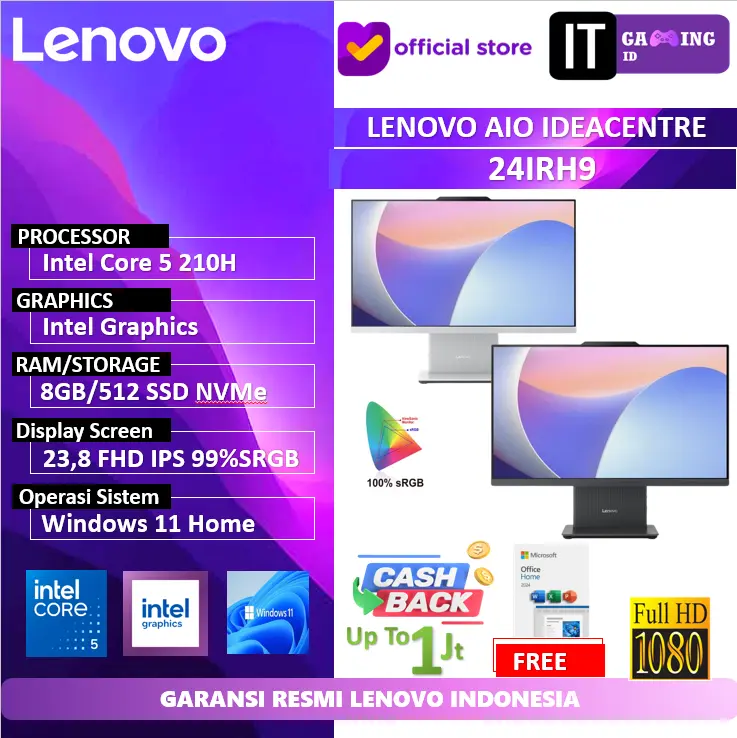 PC LENOVO AIO IDEACENTRE 24IRH9 INTEL CORE 5 210H 8GB 1TB W11+OHS 23.8 FHD IPS 3YEARS WARRANTY