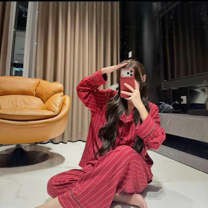 (Vesnho) set dài cổ ves viền , vải đũi bông mây 38-59kg) Women