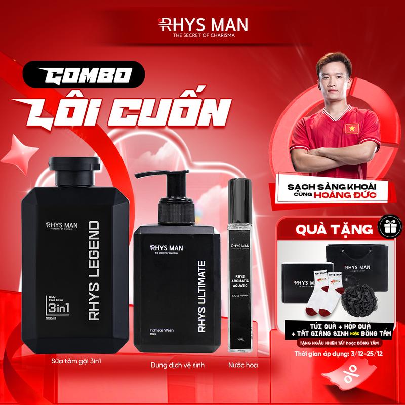  Combo Lôi Cuốn RHYS MAN - Sữa tắm gội hương nước hoa cao cấp 350ml & Gel vệ sinh nam 120ml & Nước hoa 10ml Hương hoa cỏ hương gỗ hương biển | Tặng 1 set Hộp & Túi Dưỡng Thể 